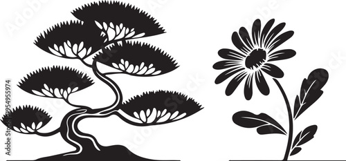 Elegant black and white botanical art featuring a bonsai tree and a daisy plant