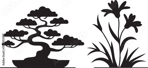 Stylized black and white bonsai tree and flowering plant illustration.
