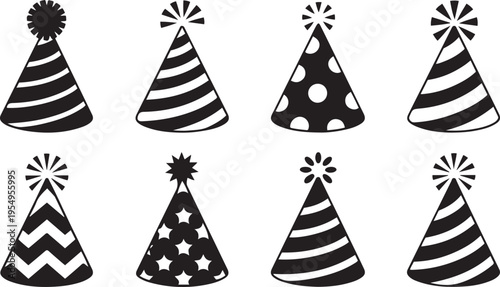 Collection of creative party hats with various designs and patterns