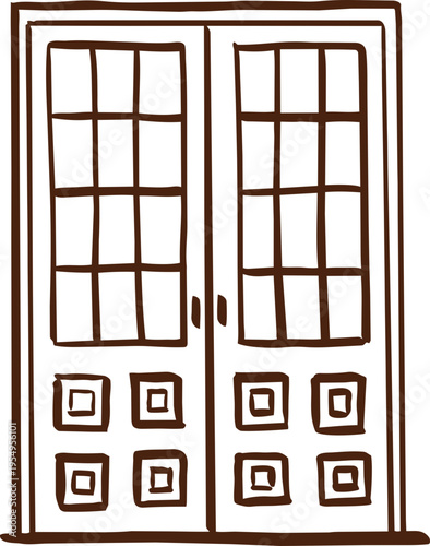Hand drawn double door with glass panels in brown line art. Simple vintage style vector illustration. Entrance, building facade, exterior architecture graphic.