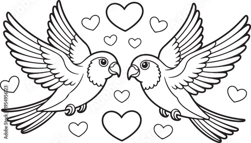 Two lovebirds with hearts symbolizing affection and companionship in a whimsical drawing