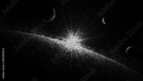 Space view with planet and star in stipple illustration style. Dotted galaxy background with glowing sun and lunar crescent. Astronomical sketch design for cosmic science concept.