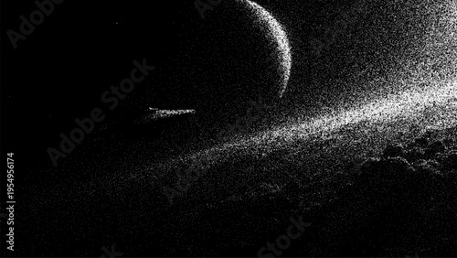 Planet in space with rings depicted in stipple art style. Abstract cosmic landscape with black and white dotted texture. Astronomical illustration for science and astronomy background.