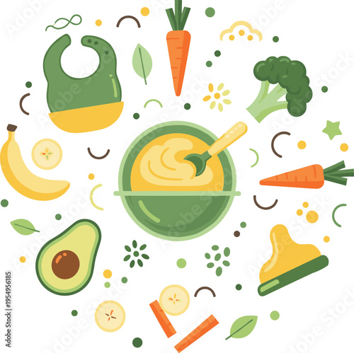 Baby Food Puree Ingredients Circular Frame with Avocado Banana Carrot Broccoli and Healthy Vegetables for Infant Nutrition Illustration and Organic Meal Design.