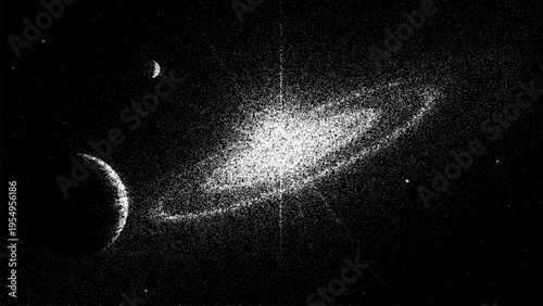 Space galaxy with moon in stipple art style. Dotwork illustration of universe showing stars and planet. Artistic grainy texture for cosmic design background or wall print decor.