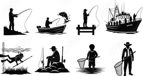 Fishing activity illustration set, outdoor artwork design, lifestyle vector motif, bold graphic icon, black white recreation symbol