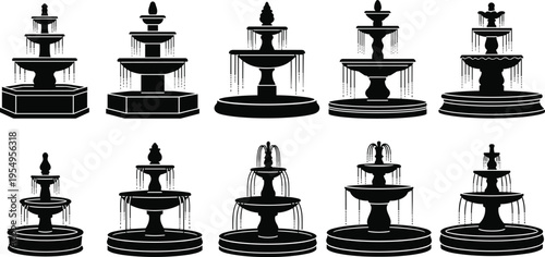 Decorative fountain silhouette illustration set, architectural artwork design, landscape vector motif, bold graphic icon, black white water symbol