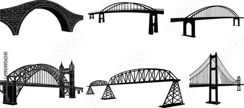 Bridge silhouette illustration set, civil engineering artwork design, architecture vector motif, bold graphic icon, black white structure symbol