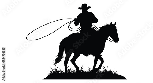 A cowboy on horseback skillfully wielding a lasso rendered as a striking black silhouette high quality professional detailed modern elegant stylish