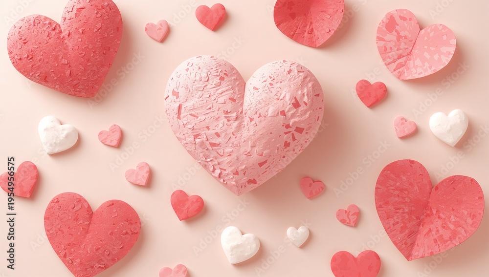 Obraz premium Sitting large textured light-pink heart occupying center on pale pink surface, with craft hearts