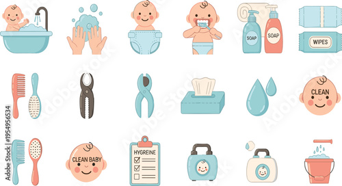 Baby Hygiene and Grooming Vector Set with Bathing Cleaning Tools Soap Wipes Comb Nail Clippers and Infant Care Essentials for Nursery Design Illustration.