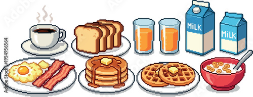 Delicious breakfast spread featuring eggs, bacon, toast, pancakes, waffles, cereal, juice, and coffee, presented in a pixel art style