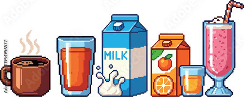 Pixel art collection of various beverages including coffee, juice, milk, and a smoothie, presented in a clear, organized row
