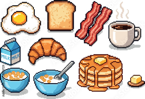 Pixel Art Breakfast Icons A Collection of Delicious Morning Meal Elements in Retro Style