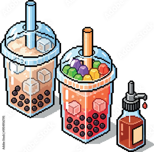Pixel art collection of refreshing bubble tea drinks and a sauce dispenser, perfect for digital designs and beverage concepts