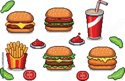 Pixel art collection of fast food items including burgers, french fries, soda, and condiments, perfect for retro gaming or nostalgic designs