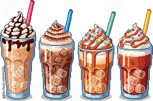 A pixel art collection of four delicious and refreshing iced beverages, each uniquely garnished and topped with whipped cream, caramel drizzle, and sprinkles