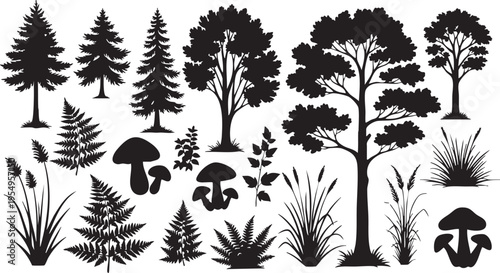 Black vector set of tree silhouettes featuring palm, pine, and oak outlines in a nature-themed illustration collection for tropical or forest patterns