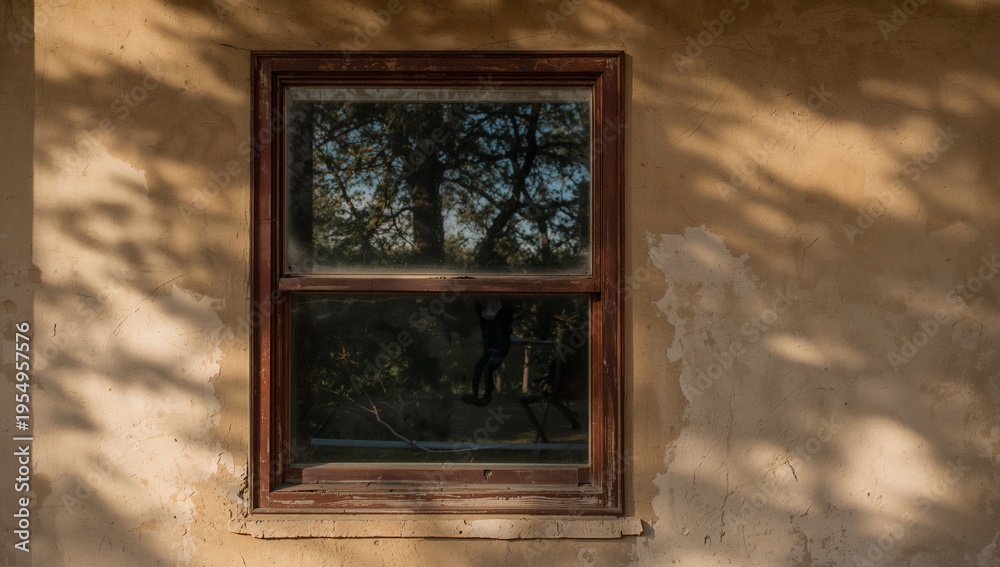 Obraz premium Framing wooden double-hung window, beige stucco wall showing peeling plaster and tree reflections