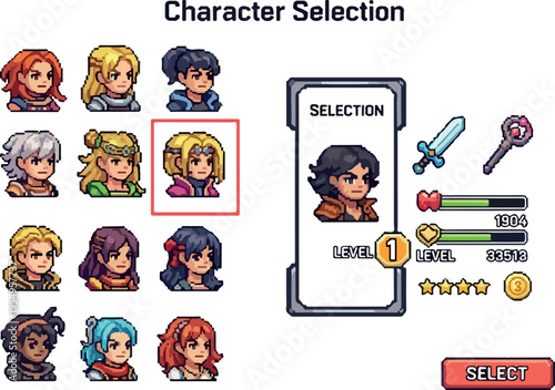 Pixel Art Character Selection Screen with Multiple Avatars and Game Interface Elements