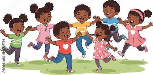 Happy African Kids Jumping and Playing Together on Grass Cute Cartoon Children Friendship Activity Outdoor Childhood Fun Vector Illustration