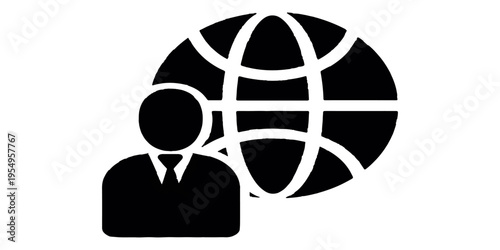 Vector illustration of a global business website button featuring a man and woman with guns in silhouette against a world map globe icon