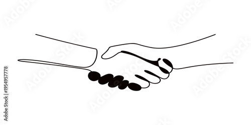 A minimalist business concept sketch featuring a human hand shake vector illustration on white paper with clean line sign elements