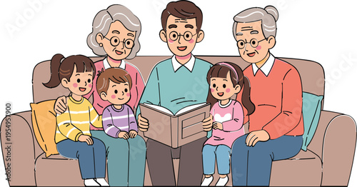Happy Family Reading Story Book Together on Sofa Cartoon Illustration Featuring Grandparents Parents and Children Enjoying Storytime and Family Bonding Moment