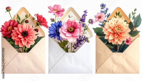 Watercolor floral envelope art blooming flowers in open letter mail design