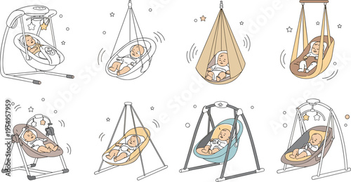 Baby Swing and Rocker Collection Vector Set with Hanging Cradle Hammock and Infant Bouncer Seats for Nursery Equipment Illustration and Childcare Design.