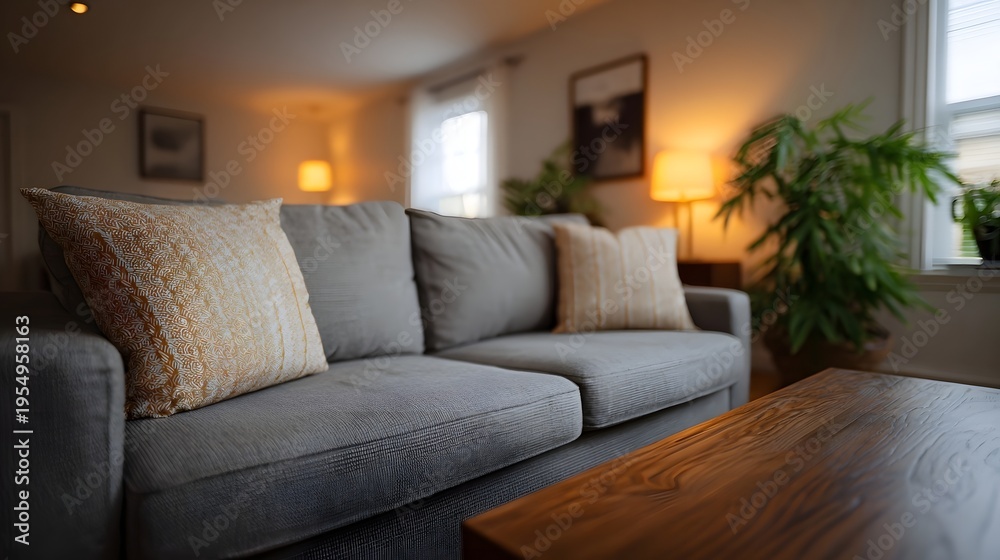 Obraz premium Cozy living room interior with a grey sofa throw pillows and warm lighting