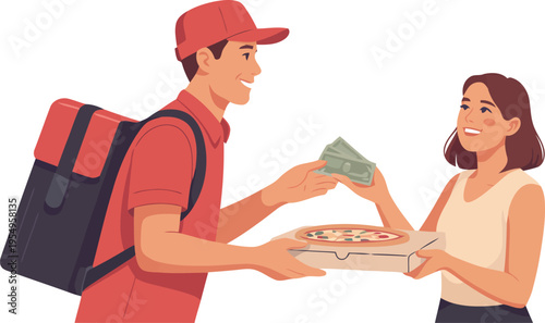 A cheerful pizza delivery person hands a fresh pizza box to a customer receiving her order