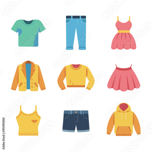 Autumn outfit collection, trendy apparel icons, jacket coat cardigan, shorts skirt dress, casual streetwear, seasonal sale poster, fashion store vector