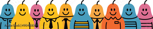 A cheerful row of diverse colorful pear shaped characters with happy smiling faces