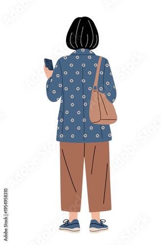 Backview of a person walking with a phone and purse. They wear a patterned jacket and casual trousers. The scene feels calm and purposeful, with no visible stress. Ideal for lifestyle, travel