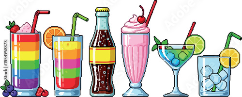 A vibrant collection of colorful, refreshing drinks, including fruity beverages and milkshakes, perfect for a summer party or a cool treat