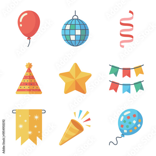 Birthday party decorations set, balloons, disco ball, curling streamers, party hats, golden star, bunting flags, festive elements, celebration vector illustration