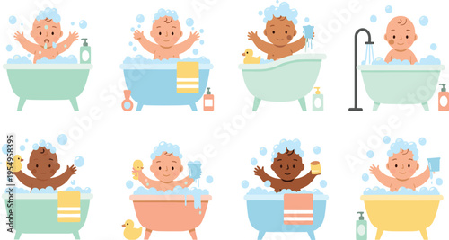 Cute Baby Bathing Vector Set with Toddlers in Bathtub Soap Bubbles Shampoo and Hygiene Scenes for Infant Care Illustration and Nursery Design.