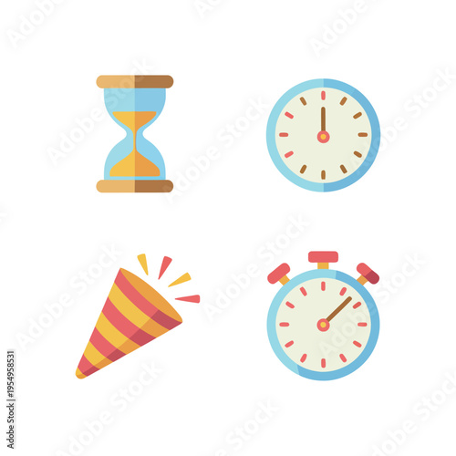 Time management celebration icons set, hourglass timer, stopwatch clock, party popper, deadline reminder, planning schedule, event countdown vector illustration