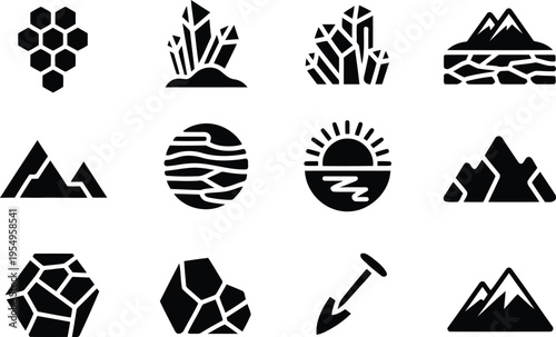 A collection of black mining and geology icons including crystals mountains and tools
