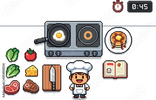 Pixel Art Food Preparation and Cooking Scene with Chef and Ingredients