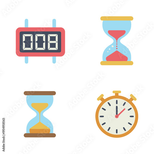 Countdown timer and hourglass icons, digital display, alarm clock, deadline reminder, time management vector set, planning illustration, event countdown design