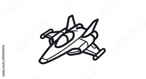 A black line drawing of a futuristic fighter jet flying against a white background
