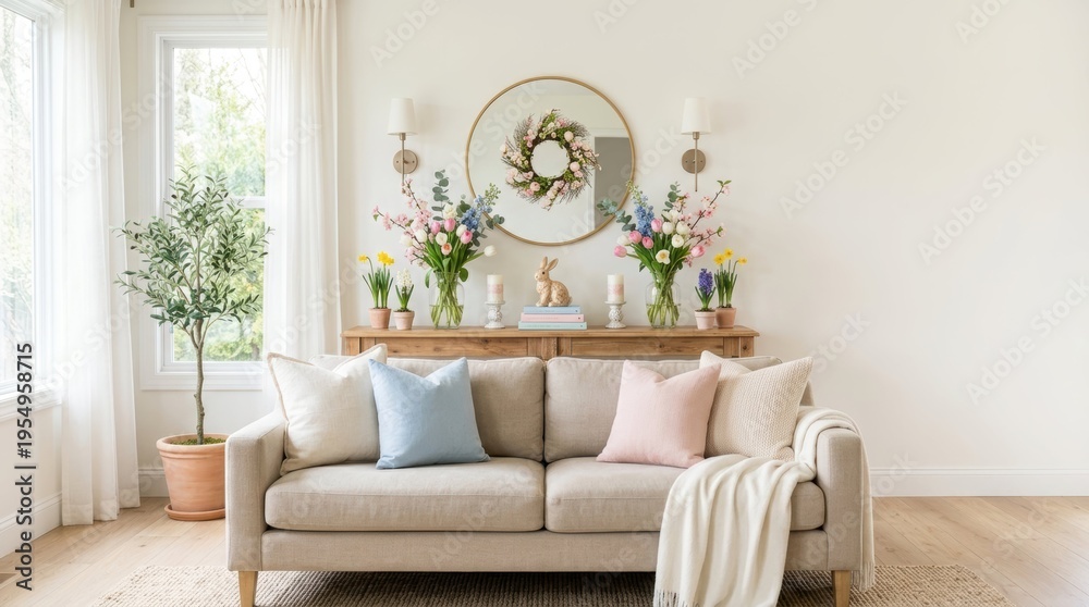 Fototapeta premium Cozy living room decorated for Easter with fresh flowers and a bunny figurine
