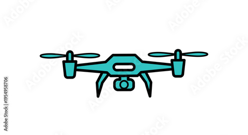 A teal-colored drone with propellers and a camera is shown in a simple line art style against a white background