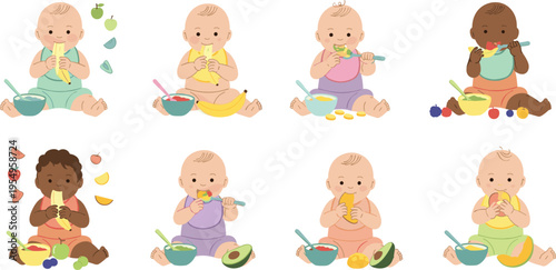 Cute Baby Eating Fruits and Puree Vector Set with Diverse Infants Feeding Healthy Food and Nutrition Scenes for Childcare Illustration Design.
