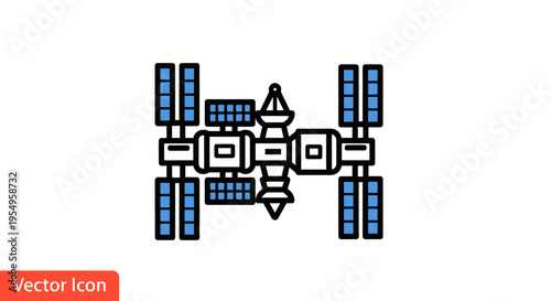 Vector illustration of a space station with solar panels and modules on a white background