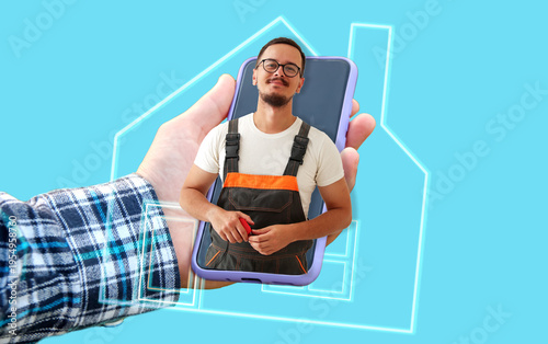Online home repair and handyman service concept. Hand holding a smartphone with a professional repairman on the screen. Digital maintenance and house renovation app concept