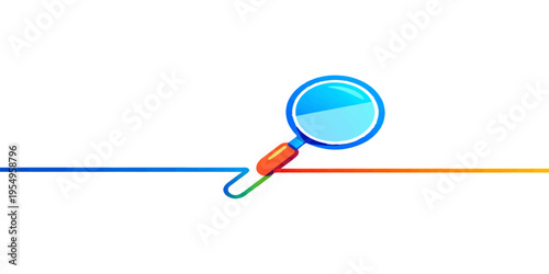 A blue magnifying glass lens and a sharpened pencil lie on a colorful background as essential office tools and school instruments for education, art, and business drawing
