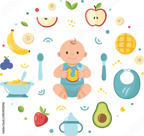 Cute Baby Eating Fruits Vector Illustration with Apple Banana Mango Avocado Bowl Spoon and Feeding Accessories for Infant Nutrition and Healthy Food Design.